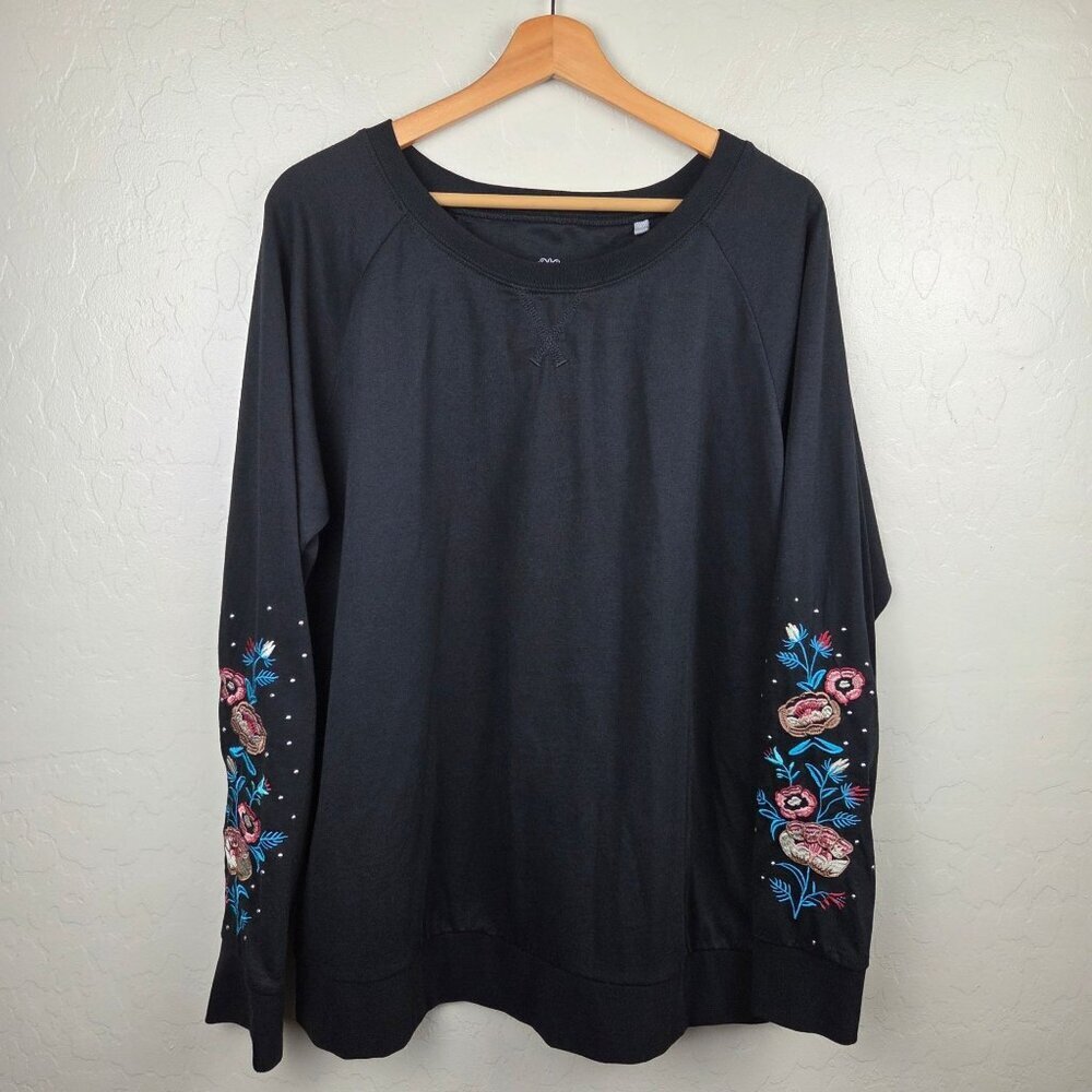 Panhandle Floral Embroidered Sleeve Sweatshirt Black Sz Women's XL Western Boho